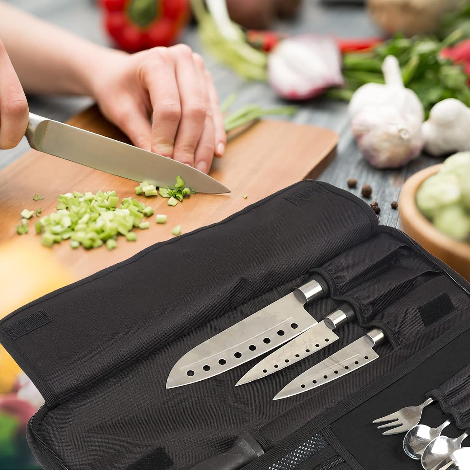 Chef’S Knife Roll Bag, Heavy Duty Oxford Chef Knife Bag, Portable 13 Slots Chef Knife Case, Multi-Function Cutlery Knives Pouch Holder Knife Wrap Wallet Tool Roll (Black)