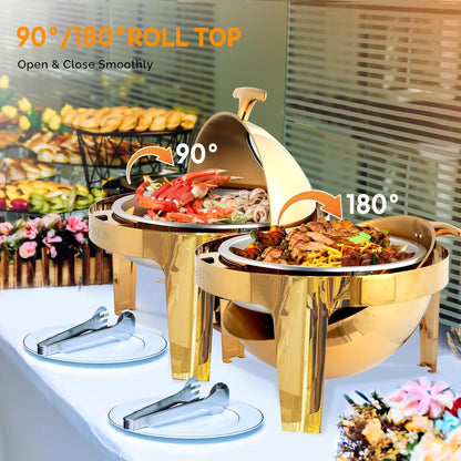 6 QT 3 Pack round Chafing Dish Buffet Set, Roll Top NSF Stainless Steel Buffet Warmer Chafers and Buffet Warmers Sets with Thick Frame for Catering Events Parties Weddings Dinners,Gold