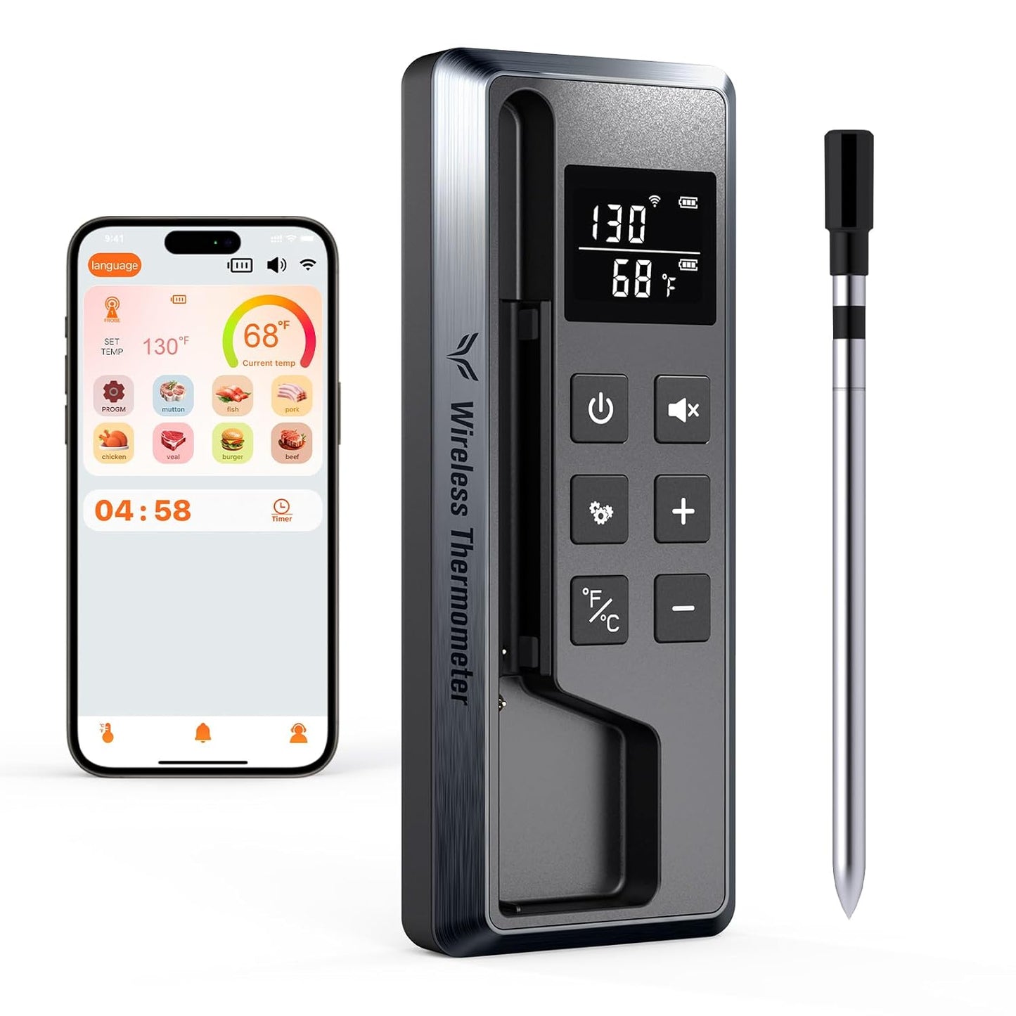 Wireless Meat Thermometer Digital, 800FT Long Range Bluetooth Cooking Thermometer, Food Thermometer for Remote Monitoring of Grill, Oven, Smoker, Air Fryer, Rotisserie, Ios & Android App