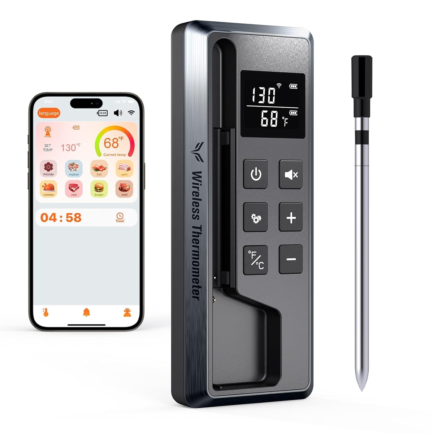 Wireless Meat Thermometer Digital, 800FT Long Range Bluetooth Cooking Thermometer, Food Thermometer for Remote Monitoring of Grill, Oven, Smoker, Air Fryer, Rotisserie, Ios & Android App
