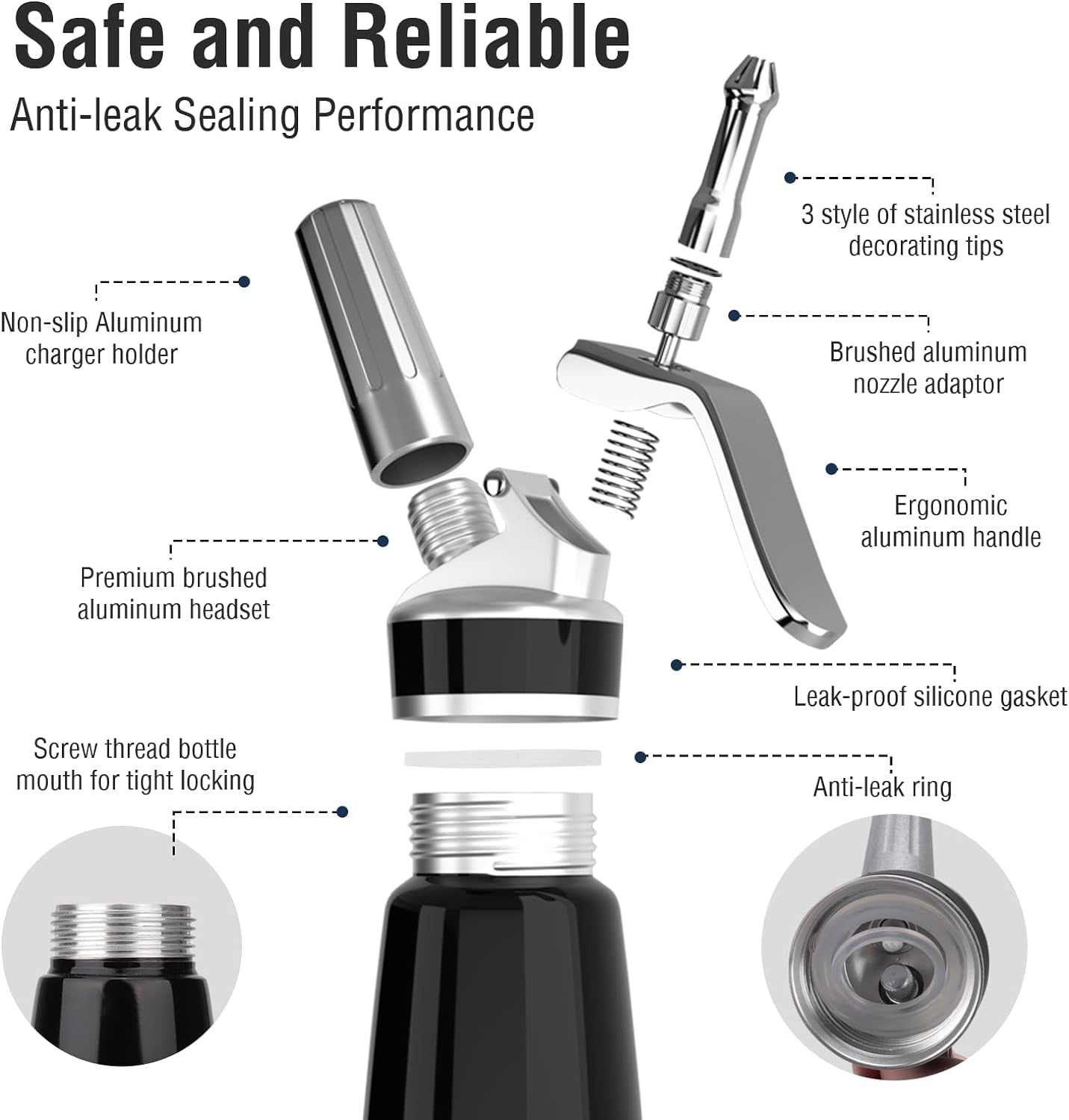 Whipped Cream Dispenser, Aluminum Cream Whipper 500Ml/1 Pint,3 Stainless Culinary Decorating Nozzles, 1 Brush, 1 Storage Bag, Homemade Cream Maker, N2O Chargers Not Included