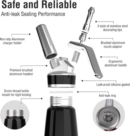 Whipped Cream Dispenser, Aluminum Cream Whipper 500Ml/1 Pint,3 Stainless Culinary Decorating Nozzles, 1 Brush, 1 Storage Bag, Homemade Cream Maker, N2O Chargers Not Included