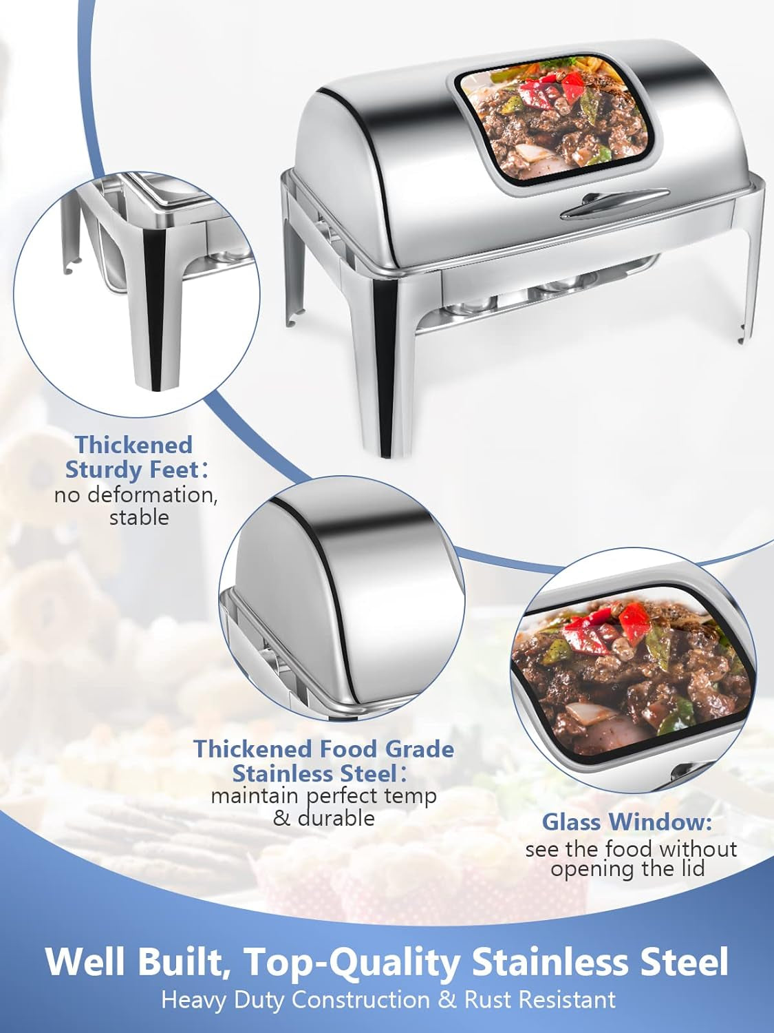 Rectangular Roll Top Chafing Dish Buffet Set, Catering Food Warmer for Parties, Wedding, Birthday, Christmas, 1 Full Size & 2 Half-Size Chafing Server Dish, 14QT Water Pan