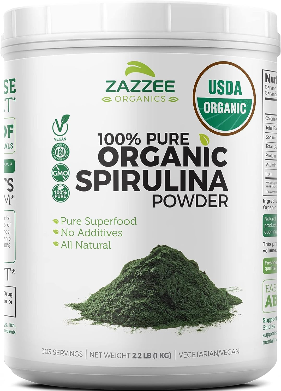 USDA Certified Organic Spirulina Powder, 2.2 Pounds (1 KG), 303 Servings, 100% Pure, Non-Irradiated, Mess-Free Wide Mouth Container, Fresh Smell and Neutral Taste, Vegan, Non-Gmo, Gluten-Free