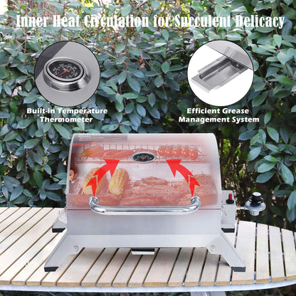GT1001 Stainless Steel Portable Grill, 10000 BTU BBQ Tabletop Gas Grill with Folding Legs and Lockable Lid, Outdoor Camping, Deck and Tailgating, Silver