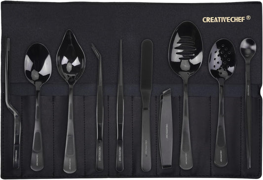 10 PCS Plating Tools Culinary Set Contains Kitchen Tweezers Spatula Sauce Plating Spoon（Black）