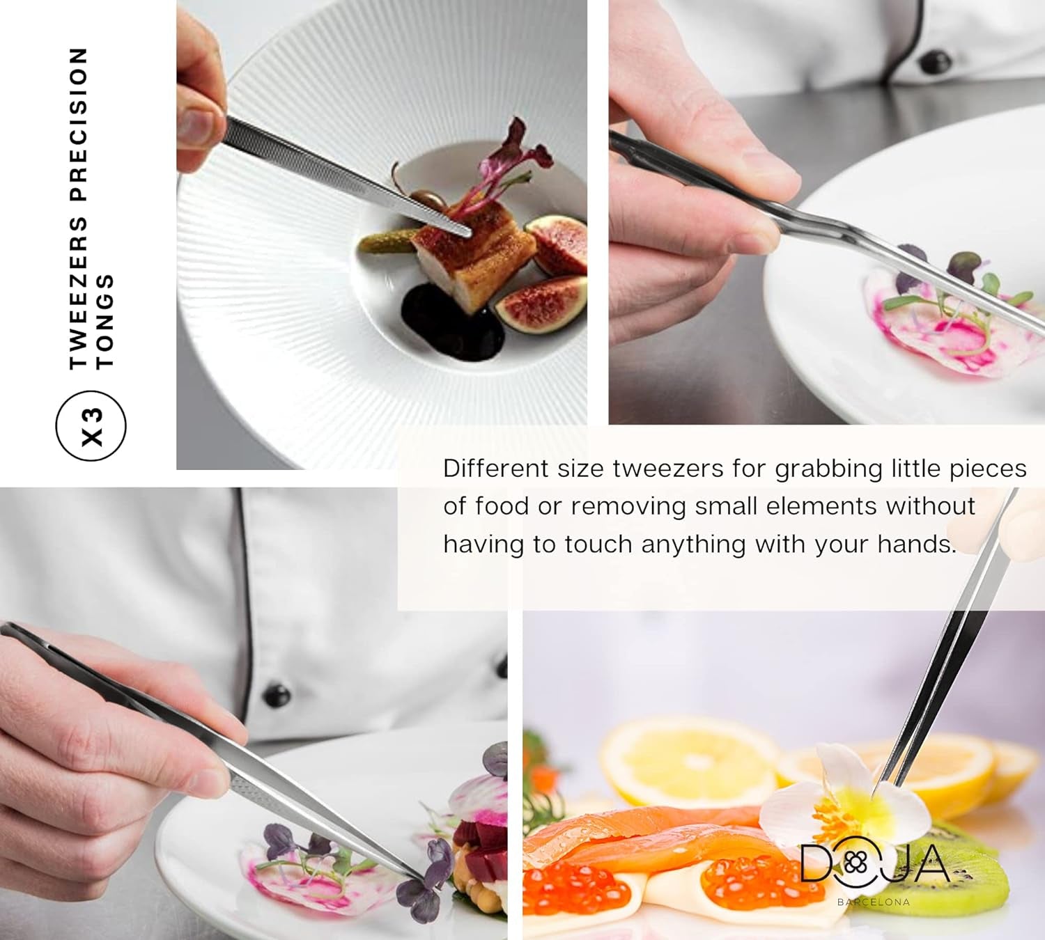 | Chef Plating Tools Culinary Set | Black | 7 Professional Cooking Utensils | 3 Kitchen Tweezers Drawing Pencil Spoon Fish Tongs Spatula Slotted Spoon | Modernist Cuisine Food Art