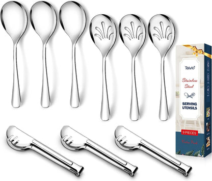 Stainless Steel Metal Serving Utensils - Large Set of 9-10" Serving Spoons, 10" Slotted Spoons, and 9" Serving Tongs by  (Silver)
