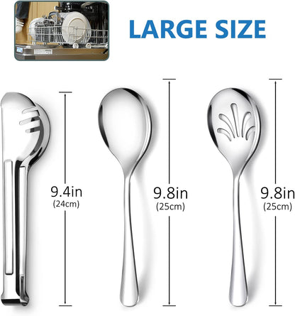 Stainless Steel Metal Serving Utensils - Large Set of 9-10" Serving Spoons, 10" Slotted Spoons, and 9" Serving Tongs by  (Silver)
