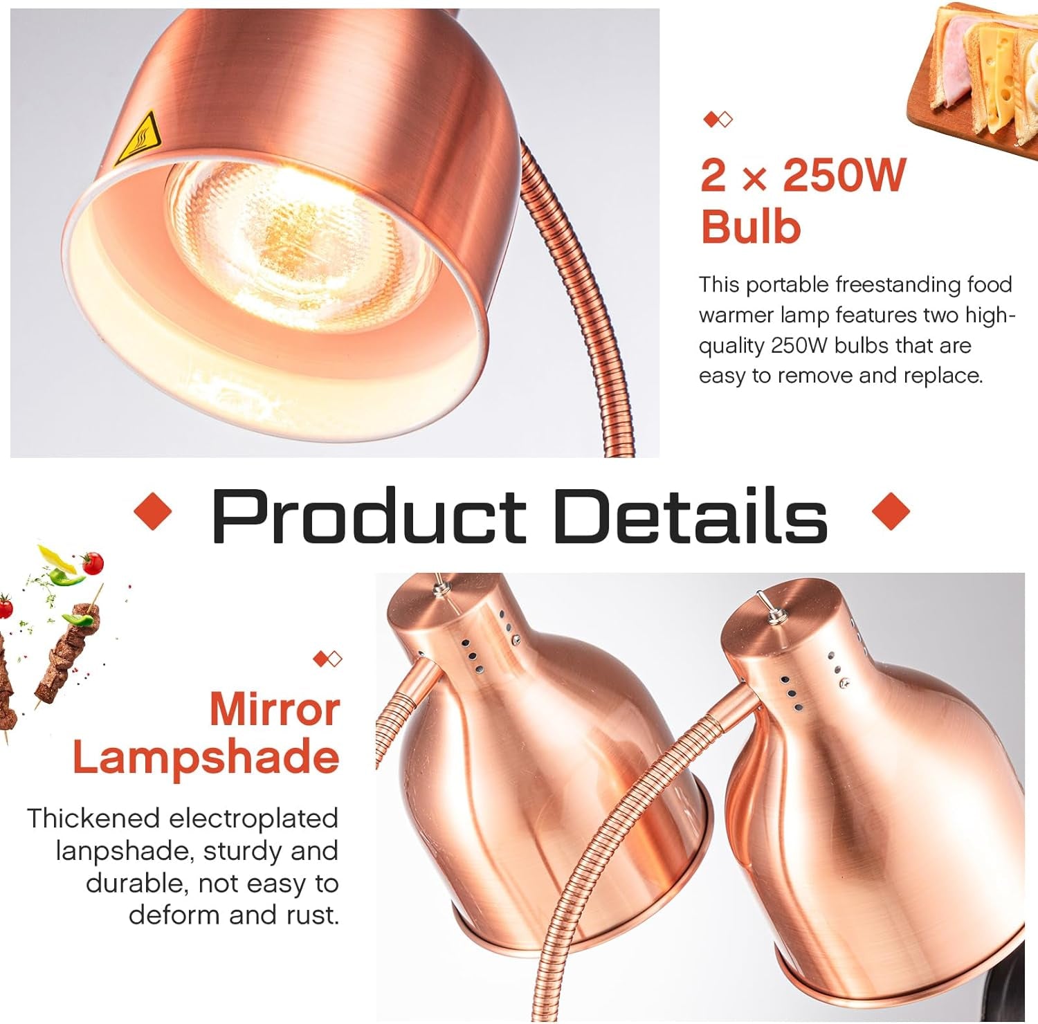 1 Pcs Food Heat Lamp Food Heat Preservation Lamp Commercial Food Warmer Light Portable Catering Heat Lamp for Restaurant Kitchen Food Heating Home Use Service Buffet, Dual Head, 250W Bulb