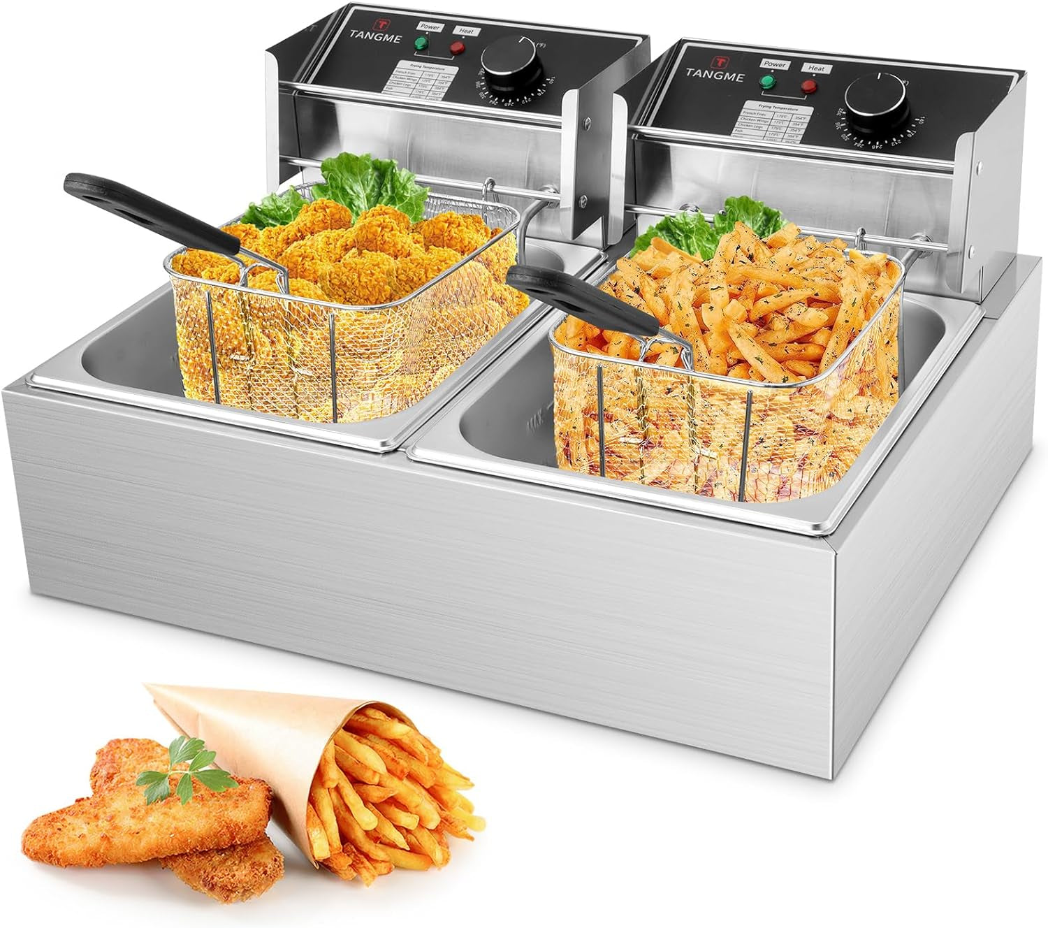 Commercial Deep Fryer - 3400W Electric Deep Fryers with 2X6.35Qt Baskets 0.8Mm Thickened Stainless Steel Countertop Oil Fryer 20.7QT Large Capacity with Temperature Limiter (12L)
