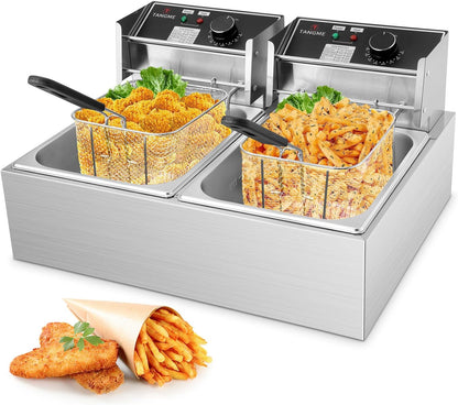 Commercial Deep Fryer - 3400W Electric Deep Fryers with 2X6.35Qt Baskets 0.8Mm Thickened Stainless Steel Countertop Oil Fryer 20.7QT Large Capacity with Temperature Limiter (12L)