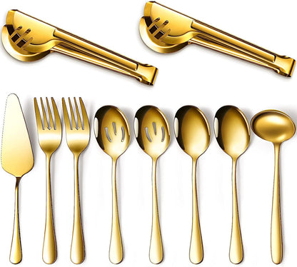 Serving Utensils Include Large Serving Spoons Slotted Serving Spoons Serving Forks Serving Tongs Soup Ladle and Pie Server Buffet Catering Serving Utensils for Dishwasher Safe (Gold, 10)