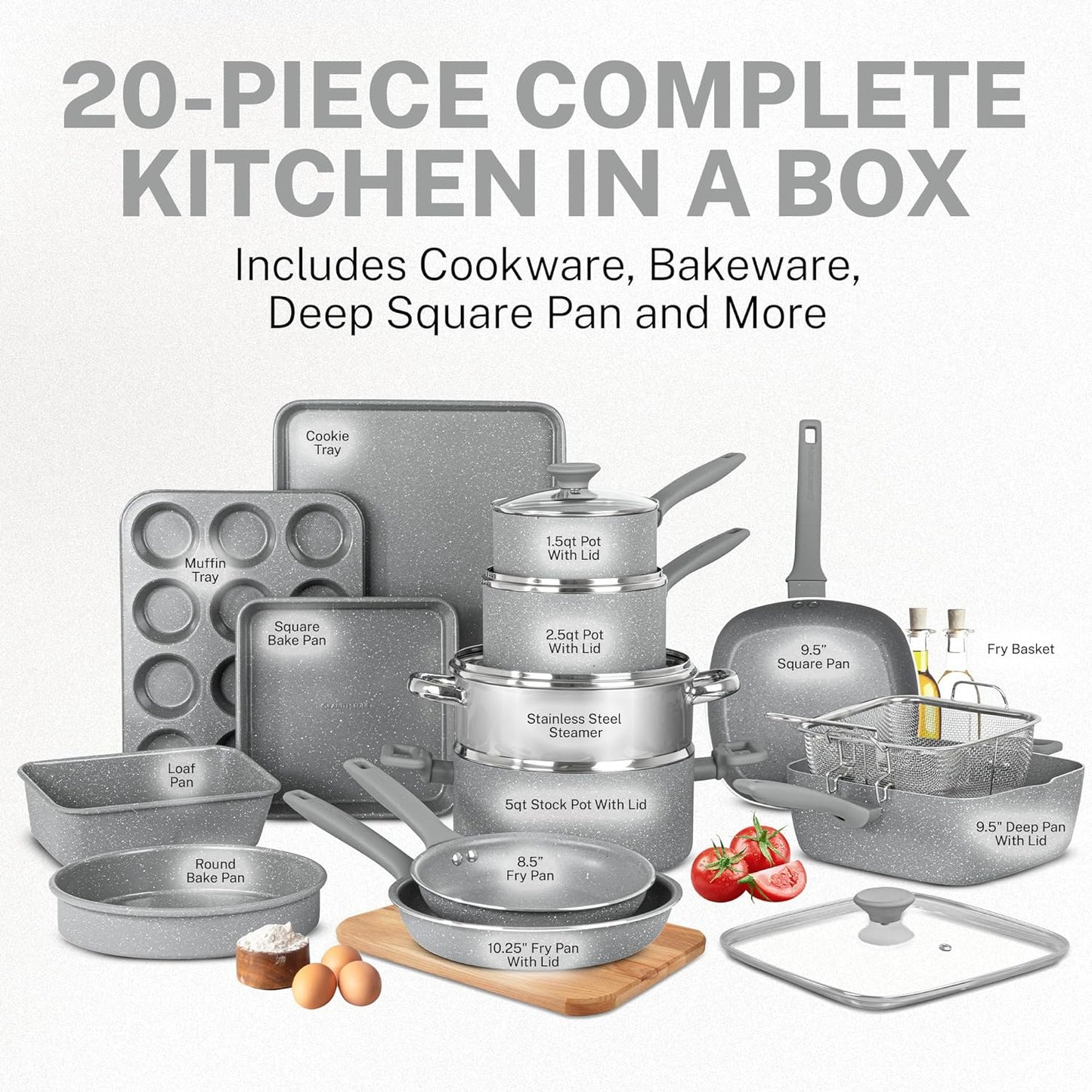 20 Pc Pots and Pans Set Non Stick Cookware Set, Kitchen Cookware Sets, Pot and Pan Set, Pot Set, Diamond Coated Nonstick Cookware Set with Lids, Healthy and Non Toxic, Dishwasher Safe…