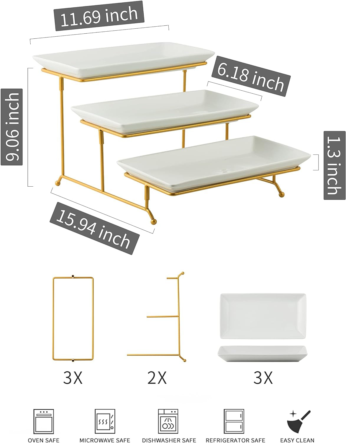 Large 3 Tier Serving Tray with Serving Stand, Serving Dishes for Entertaining, Tiered Serving Tray for Valentines Day, Suitable for Dessert Table Display Set Catering Supplies, 12 Inch Gold