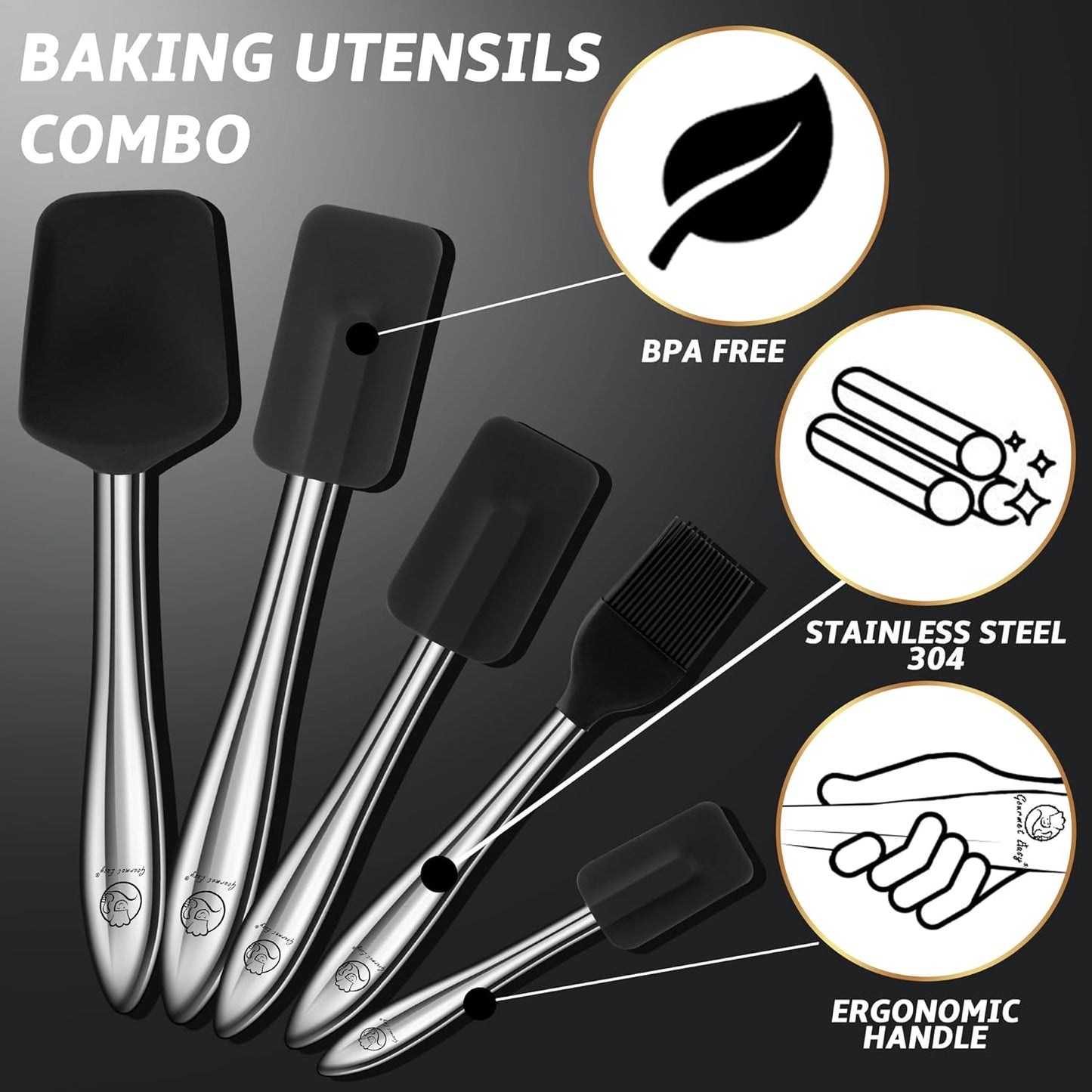 5Pcs Silicone Spatula Set with Stainless Steel Handle, Silicone Spatulas for Cooking & Baking with Spoonula & Silicone Brush Heat Resistant, Silicone Kitchen Spatula for Nonstick Cookware (Black)