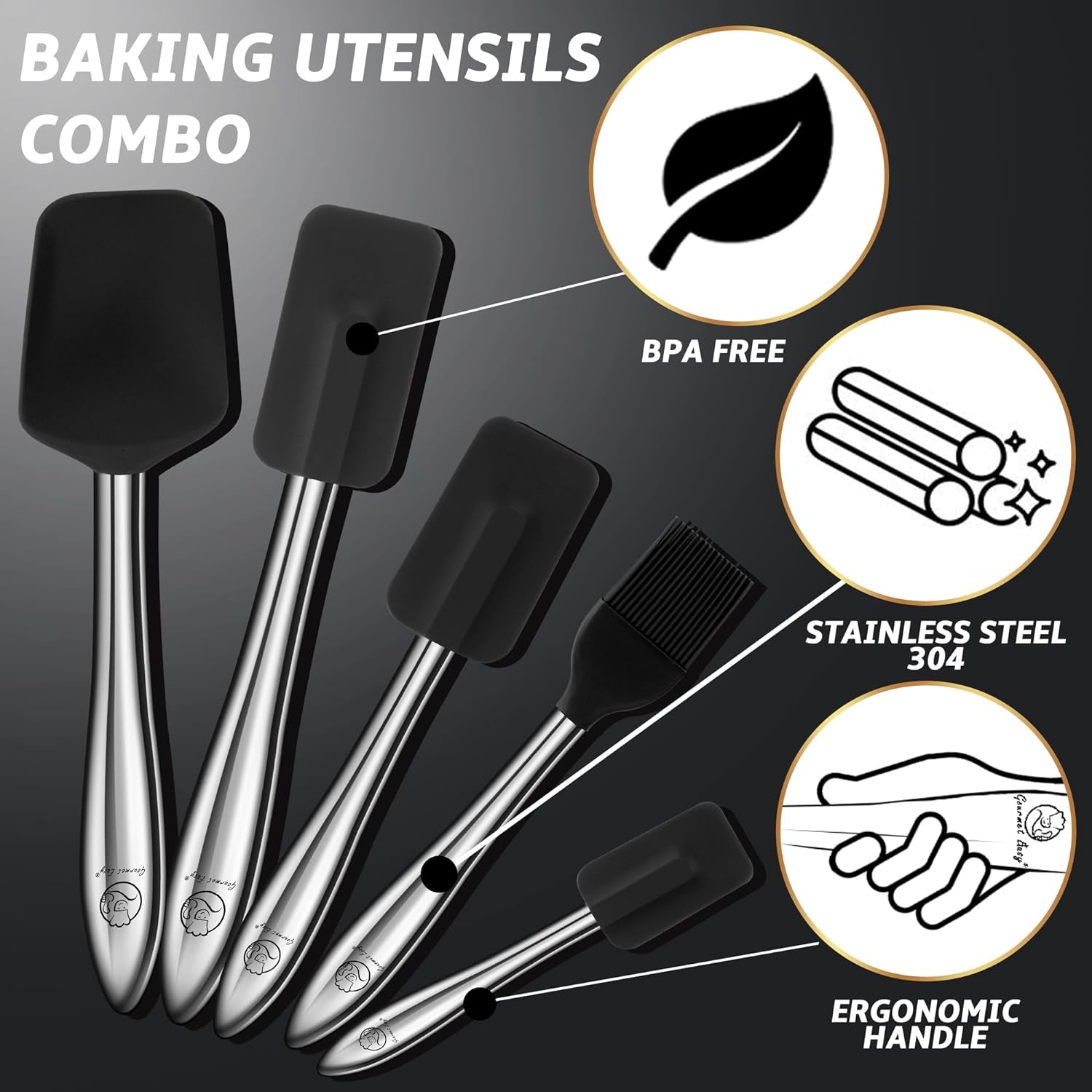 5Pcs Silicone Spatula Set with Stainless Steel Handle, Silicone Spatulas for Cooking & Baking with Spoonula & Silicone Brush Heat Resistant, Silicone Kitchen Spatula for Nonstick Cookware (Black)