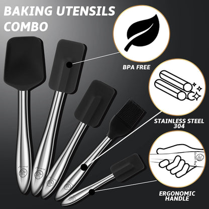 5Pcs Silicone Spatula Set with Stainless Steel Handle, Silicone Spatulas for Cooking & Baking with Spoonula & Silicone Brush Heat Resistant, Silicone Kitchen Spatula for Nonstick Cookware (Black)