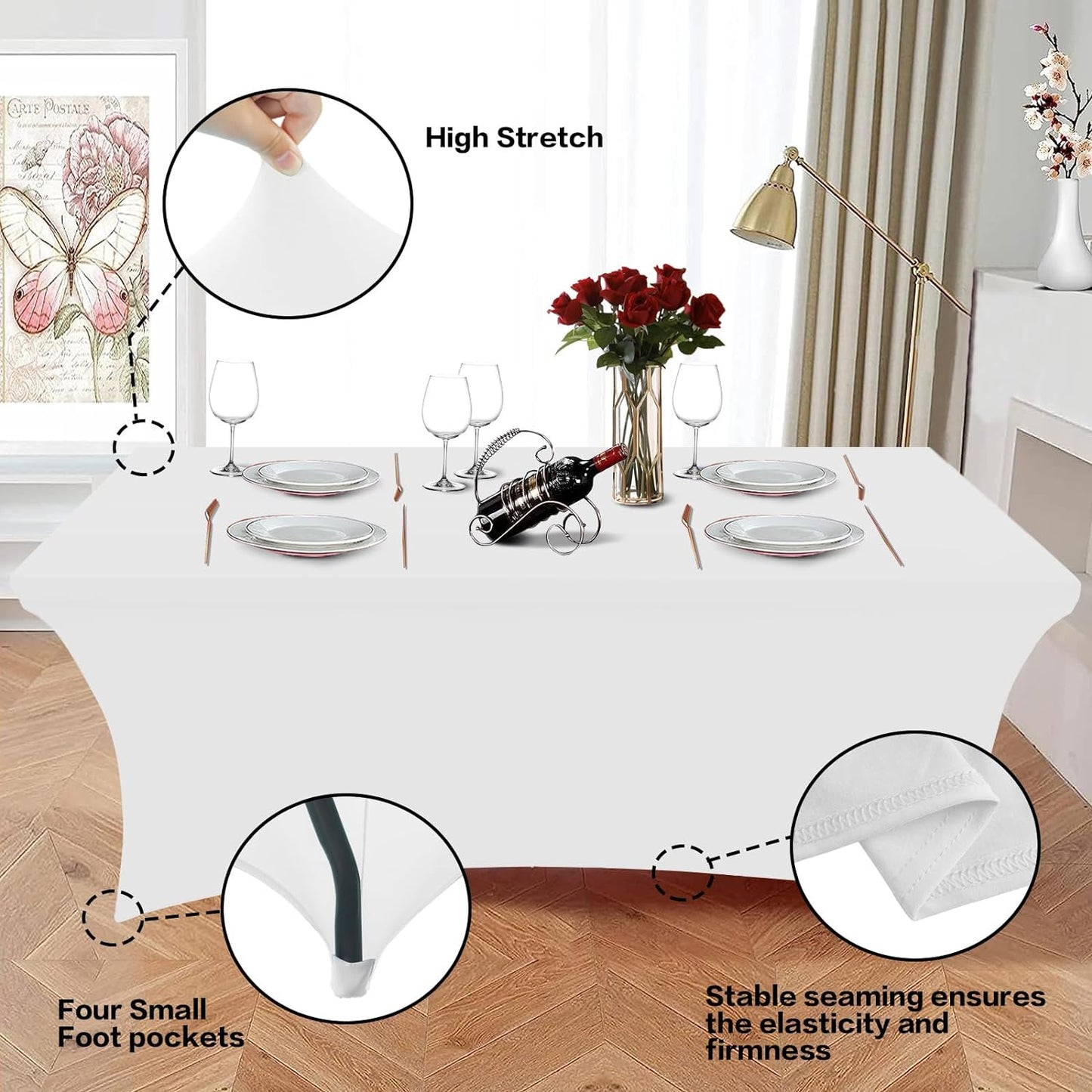 2 Pack 6FT Table Cloth for Rectangle Table White Tablecloth Rectangular Fitted Stretch Spandex Table Covers 6 Ft for Birthday, Cocktail, Wedding, Banquet Spring Summer Outdoor Party