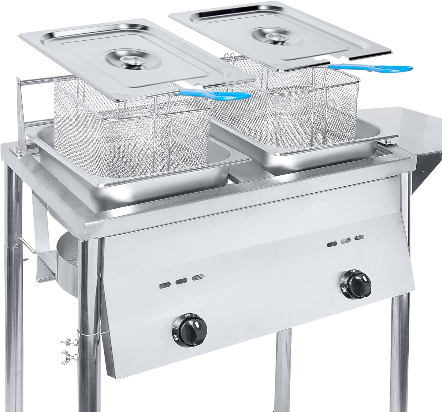 Two Tank Outdoor Deep Fryer with Thermometer | Propane Deep Fryer with 2 Stainless Steel Basket & Lid Covers | Large Oil Tank Capacity with Regulating Knobs