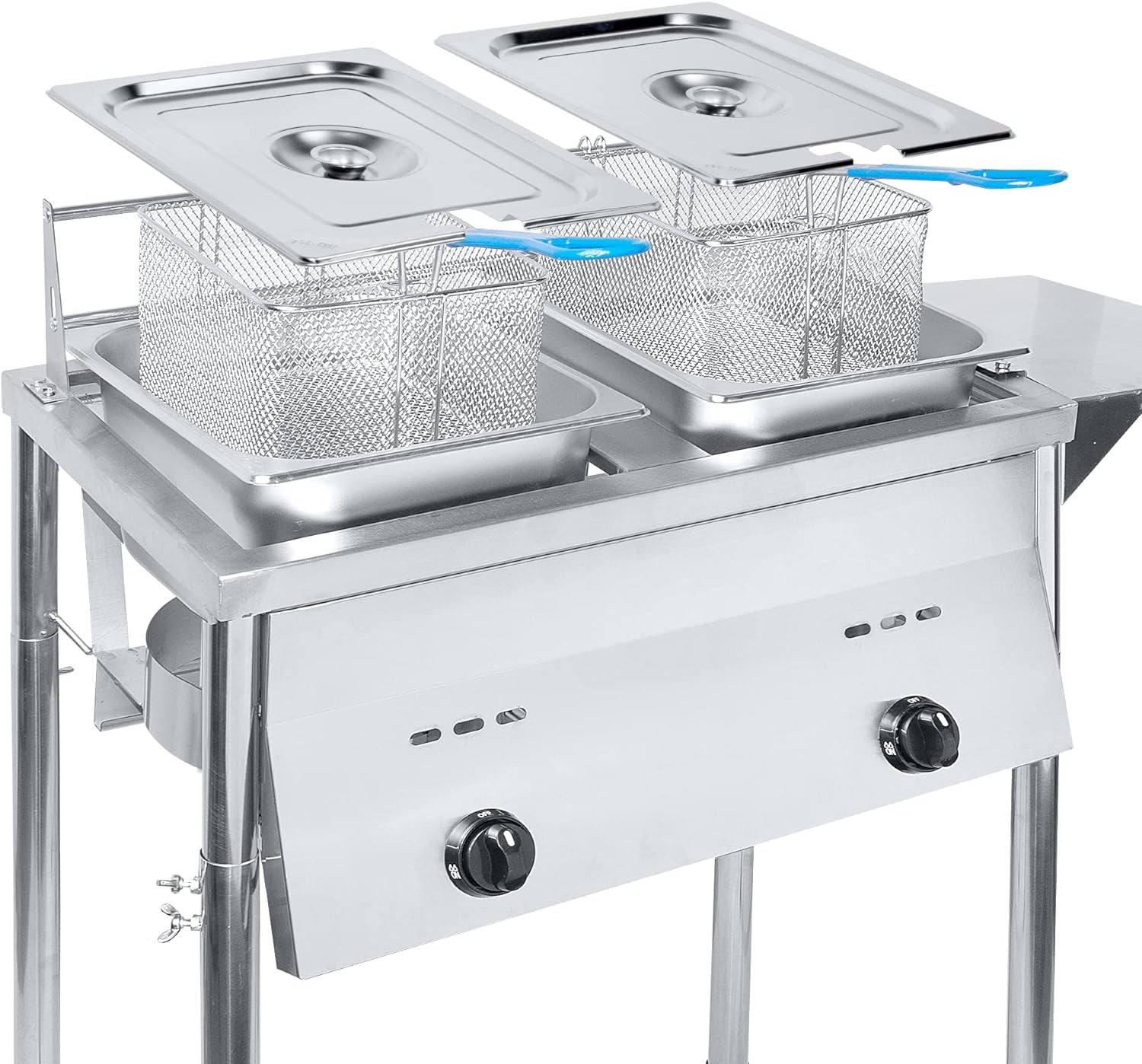 Two Tank Outdoor Deep Fryer with Thermometer | Propane Deep Fryer with 2 Stainless Steel Basket & Lid Covers | Large Oil Tank Capacity with Regulating Knobs