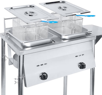 Two Tank Outdoor Deep Fryer with Thermometer | Propane Deep Fryer with 2 Stainless Steel Basket & Lid Covers | Large Oil Tank Capacity with Regulating Knobs
