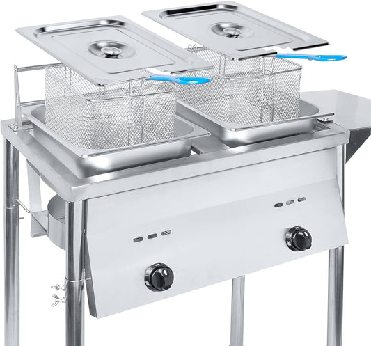 Two Tank Outdoor Deep Fryer with Thermometer | Propane Deep Fryer with 2 Stainless Steel Basket & Lid Covers | Large Oil Tank Capacity with Regulating Knobs