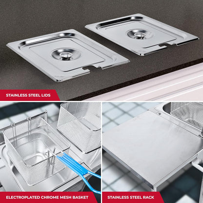 Two Tank Outdoor Deep Fryer with Thermometer | Propane Deep Fryer with 2 Stainless Steel Basket & Lid Covers | Large Oil Tank Capacity with Regulating Knobs