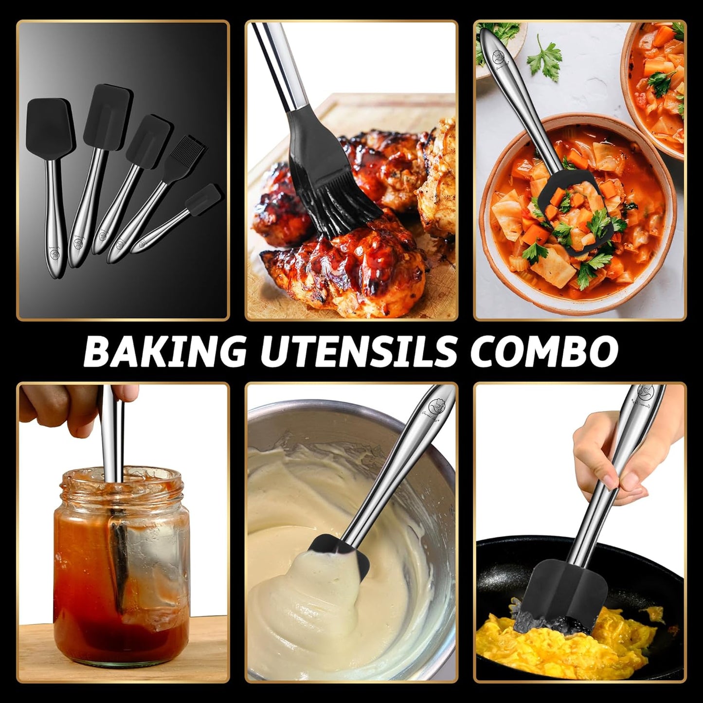 5Pcs Silicone Spatula Set with Stainless Steel Handle, Silicone Spatulas for Cooking & Baking with Spoonula & Silicone Brush Heat Resistant, Silicone Kitchen Spatula for Nonstick Cookware (Black)