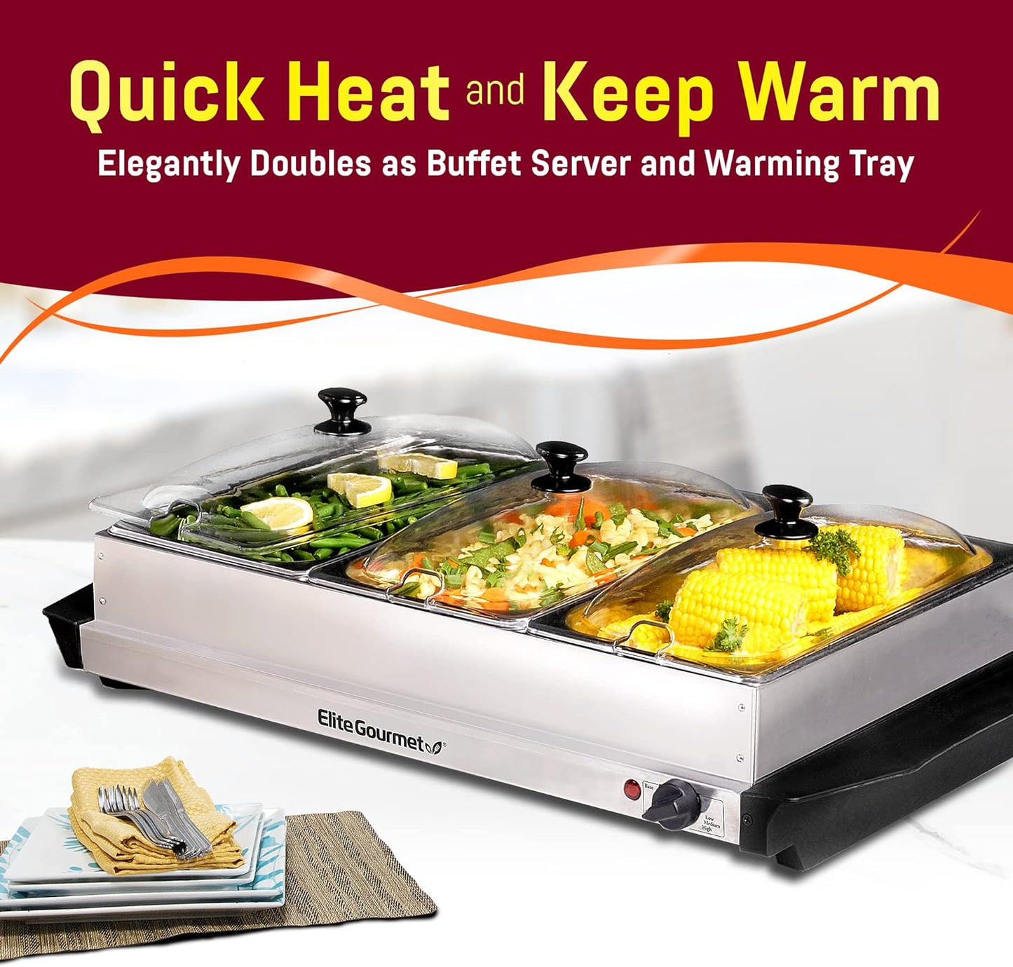 EWM-6171 Triple 3 X 2.5 Qt. Trays, Buffet Server, Food Warmer Temperature Control, Clear Slotted Lids, Perfect for Parties, Entertaining & Holidays, 7.5 Qt Total, Stainless Steel