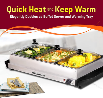 EWM-6171 Triple 3 X 2.5 Qt. Trays, Buffet Server, Food Warmer Temperature Control, Clear Slotted Lids, Perfect for Parties, Entertaining & Holidays, 7.5 Qt Total, Stainless Steel