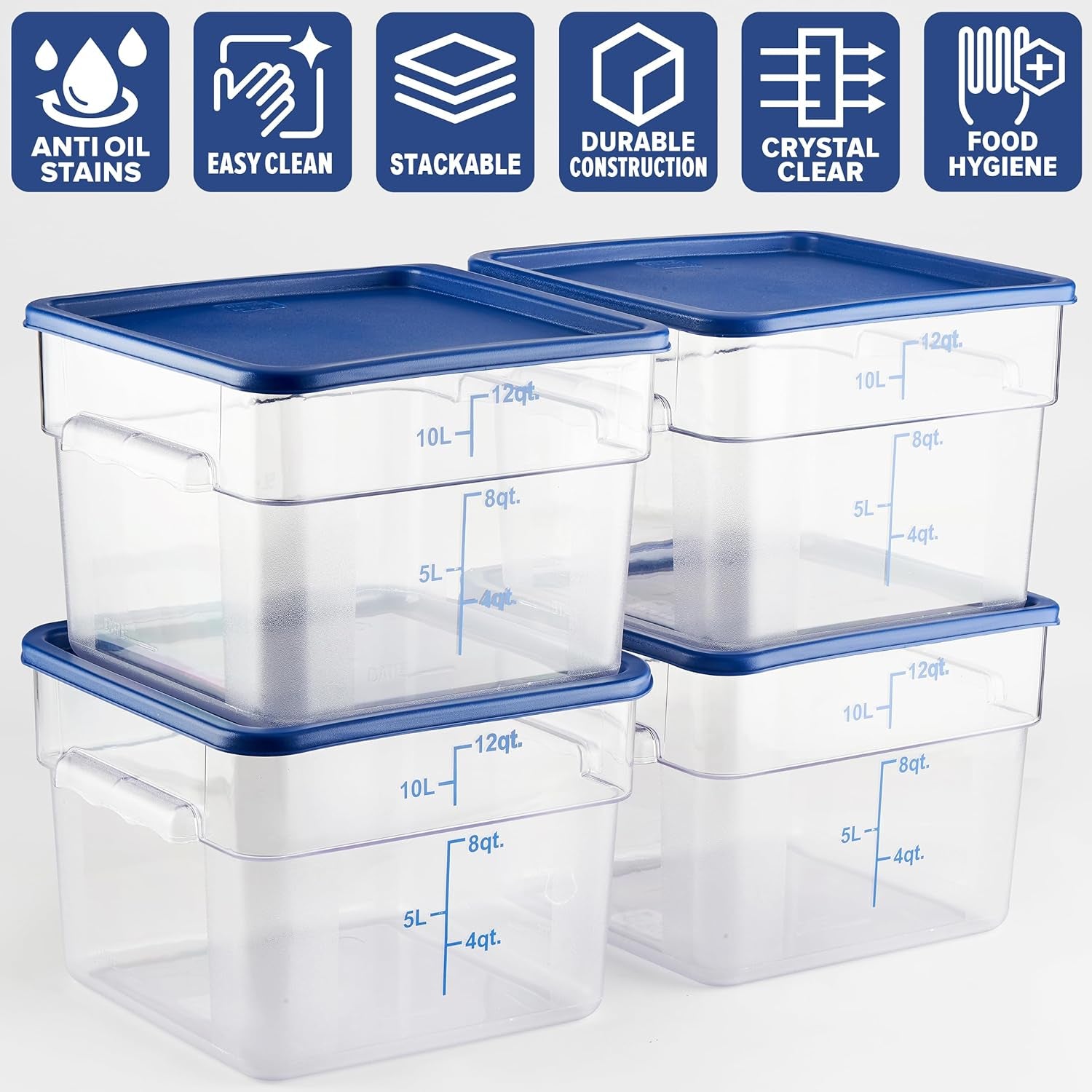 4 Pack Food Storage Containers with Blue Lids - NSF Listed Commercial Grade in 12.0 Qt - Square, Clear, Polycarbonate