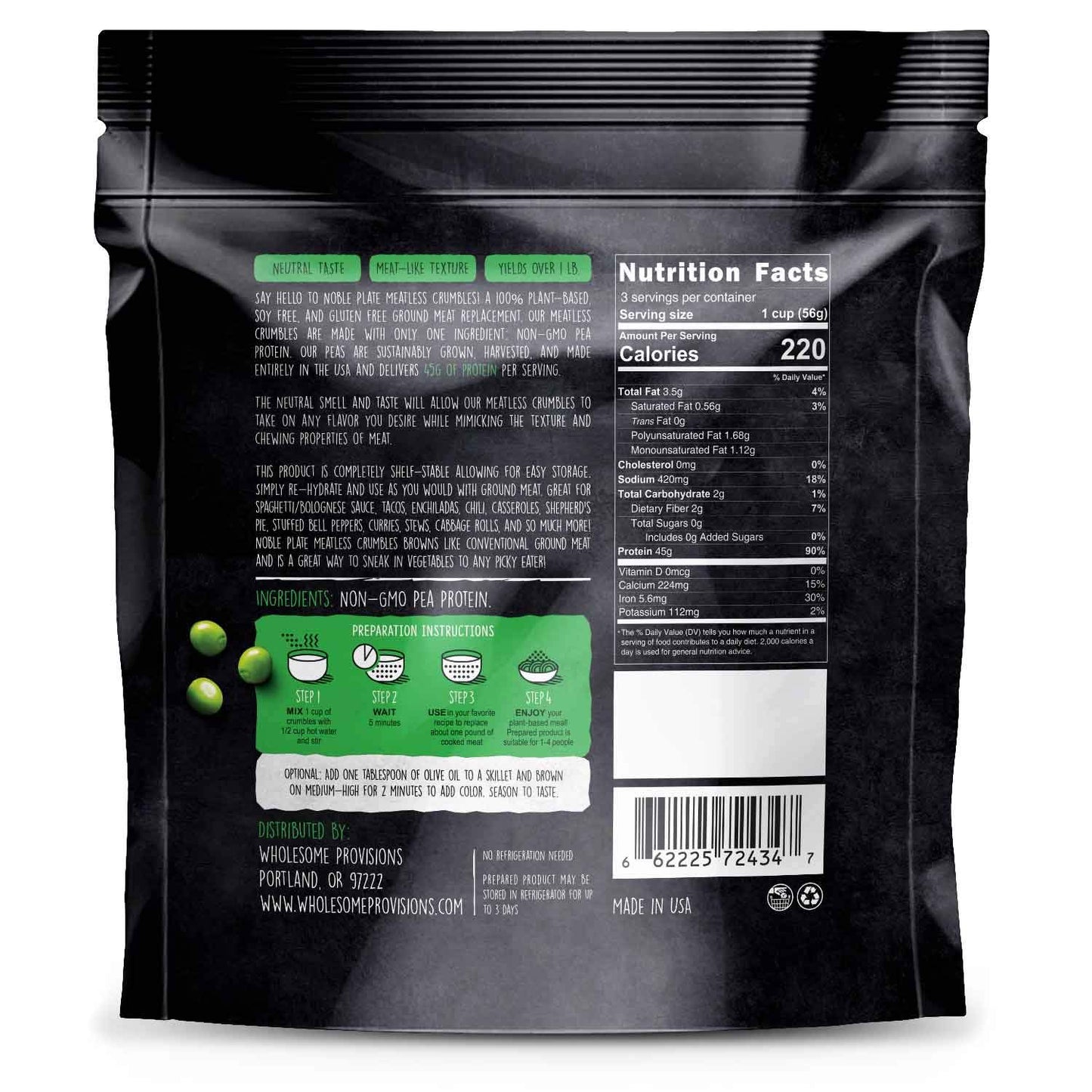 Meatless Crumbles, Soy Free, Non-Gmo, Vegan, 45G Protein, 0G Net Carb, Plant-Based Vegan Meat Substitute, Made in USA, Wholesome Provisions, 170G (Plain, 1 Pack)