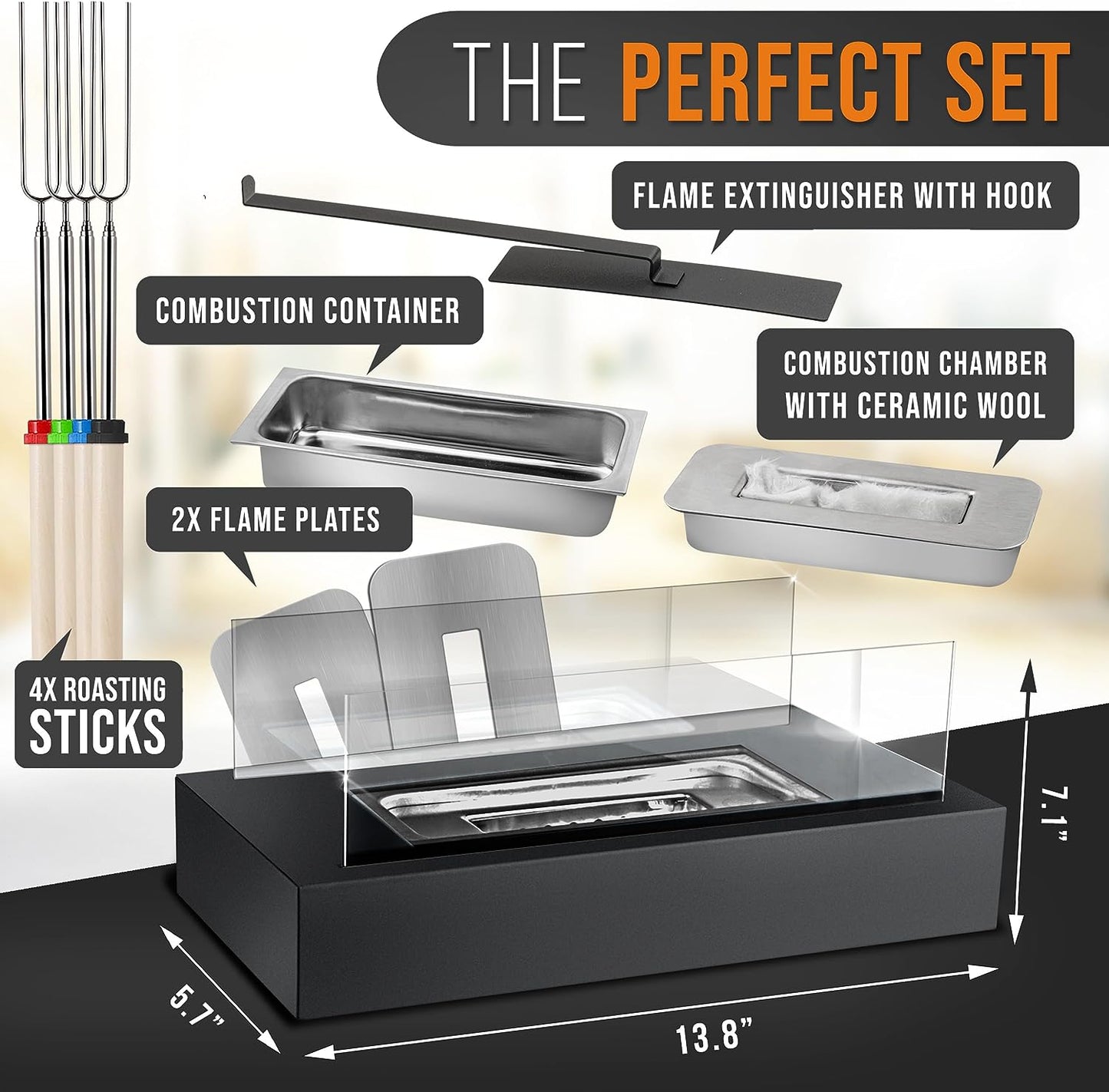 Tabletop Fire Pit [3H Burning Time] - Table Top Firepit Indoor & Outdoor - Smores Maker with 4 Roasting Sticks - Portable Fire Pit with Adjustable Flames - Ethanol Table Top Fire Pit Bowl
