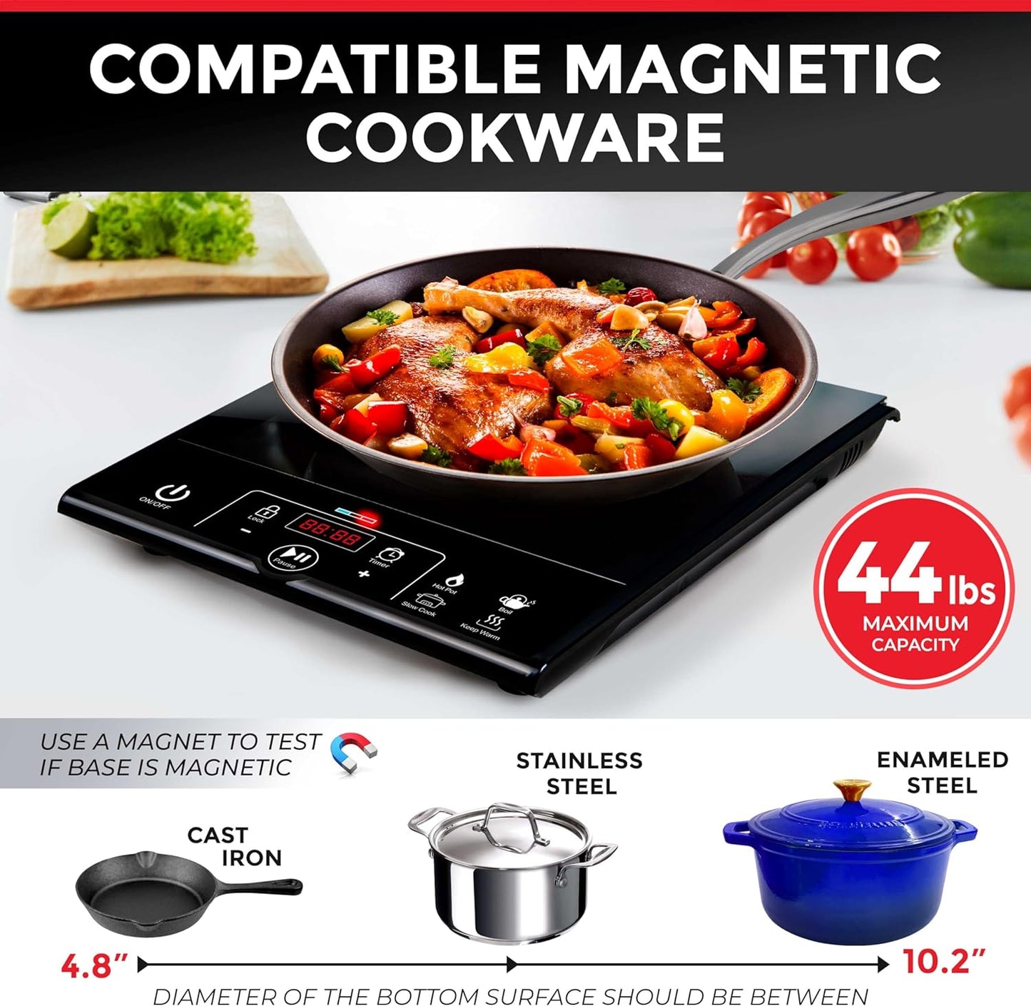 Rapidtherm Portable Induction Cooktop Hot Plate Countertop Burner 1800W, 8 Temp Levels, Timer, Auto-Shut-Off, Touch Panel, LED Display, Auto Pot Detection, Child Safety Lock, 4 Preset Programs
