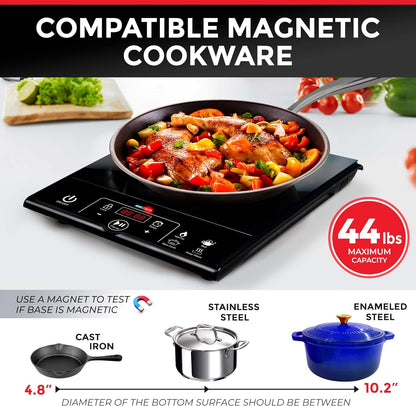 Rapidtherm Portable Induction Cooktop Hot Plate Countertop Burner 1800W, 8 Temp Levels, Timer, Auto-Shut-Off, Touch Panel, LED Display, Auto Pot Detection, Child Safety Lock, 4 Preset Programs