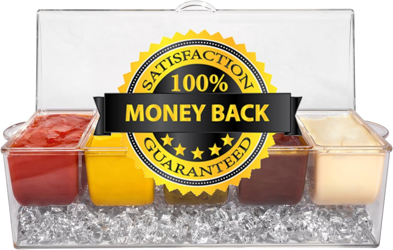 Ice Chilled 5 Compartment Condiment Server Caddy - Serving Tray Container with 5 Removable Dishes with over 2 Cup Capacity Each and Hinged Lid | 3 Serving Spoons + 3 Tongs Included