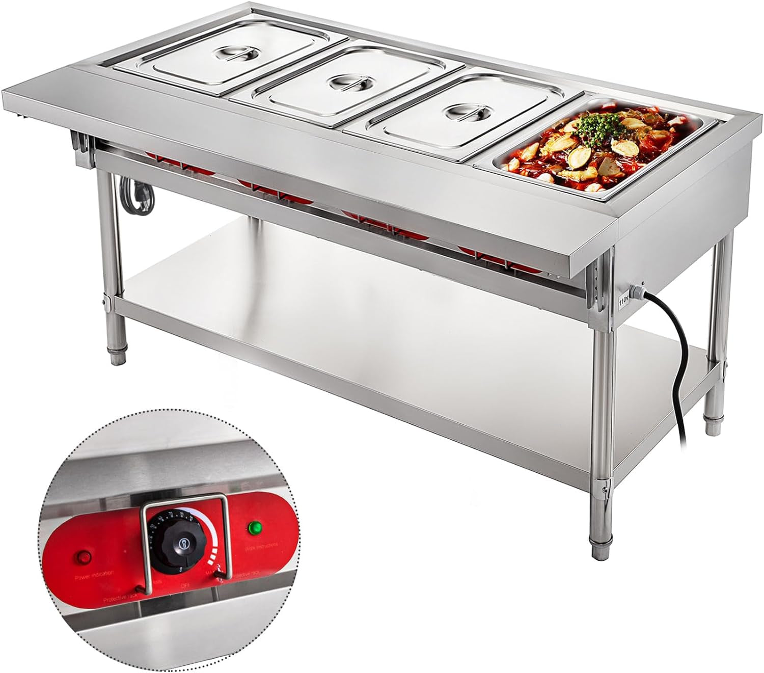 Steam Table Food Warmer 4 Pot Steam Table Food Warmer 18 Quart/Pan with Lids with 7 Inch Cutting Board Commercial Electric Food Warmer Bain Marie Buffet Steam Serving Counter 110V 2000W