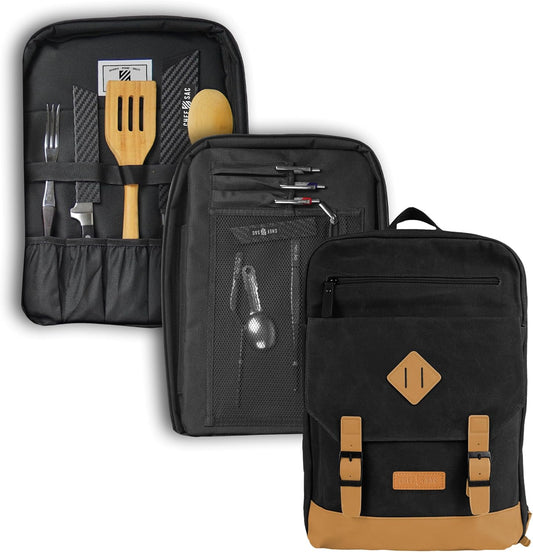 Elite Chef Knife Bag | Vintage Waxed Canvas Daypack | 20+ Pockets for Knives & Tools | Slots for Cleaver & Honing Rod | Water Resistant Material | Knife Organizer for Chefs (Black)
