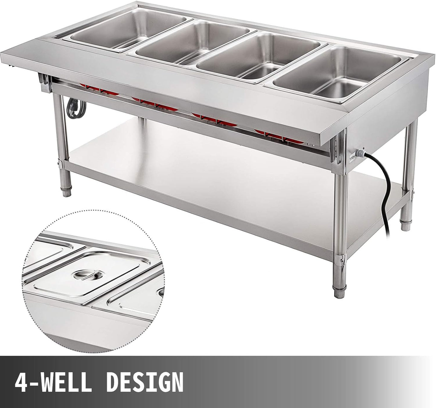 Steam Table Food Warmer 4 Pot Steam Table Food Warmer 18 Quart/Pan with Lids with 7 Inch Cutting Board Commercial Electric Food Warmer Bain Marie Buffet Steam Serving Counter 110V 2000W