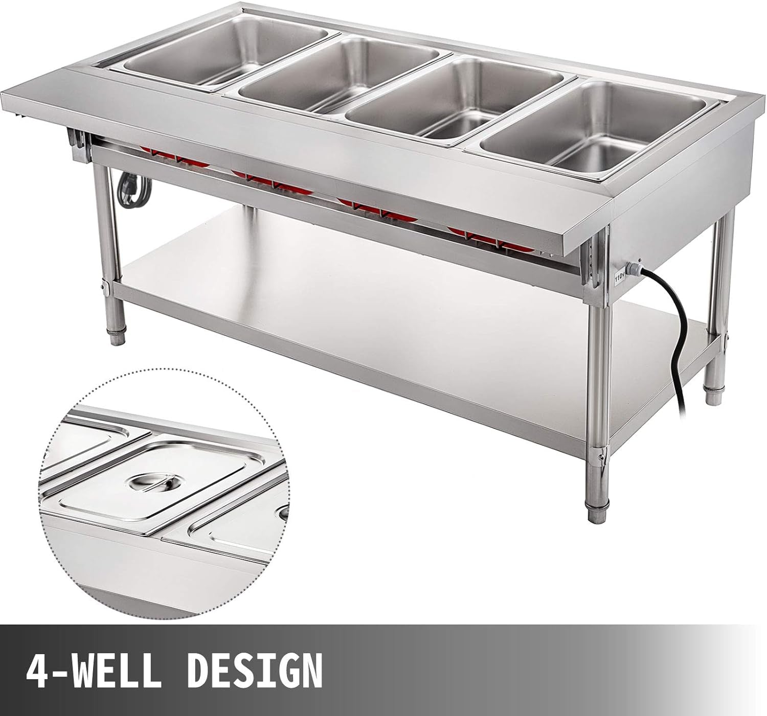 Steam Table Food Warmer 4 Pot Steam Table Food Warmer 18 Quart/Pan with Lids with 7 Inch Cutting Board Commercial Electric Food Warmer Bain Marie Buffet Steam Serving Counter 110V 2000W