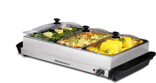 EWM-6171 Triple 3 X 2.5 Qt. Trays, Buffet Server, Food Warmer Temperature Control, Clear Slotted Lids, Perfect for Parties, Entertaining & Holidays, 7.5 Qt Total, Stainless Steel