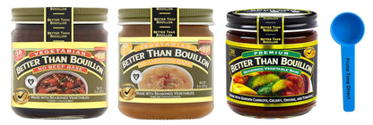 Variety Pack- No Beef Base, No Chicken Base, & Seasoned Vegetable Base 8Oz (3 Pack; 1 Each) Bundle with Primetime Direct Teaspoon Scoop with BTB Authenticity Seal