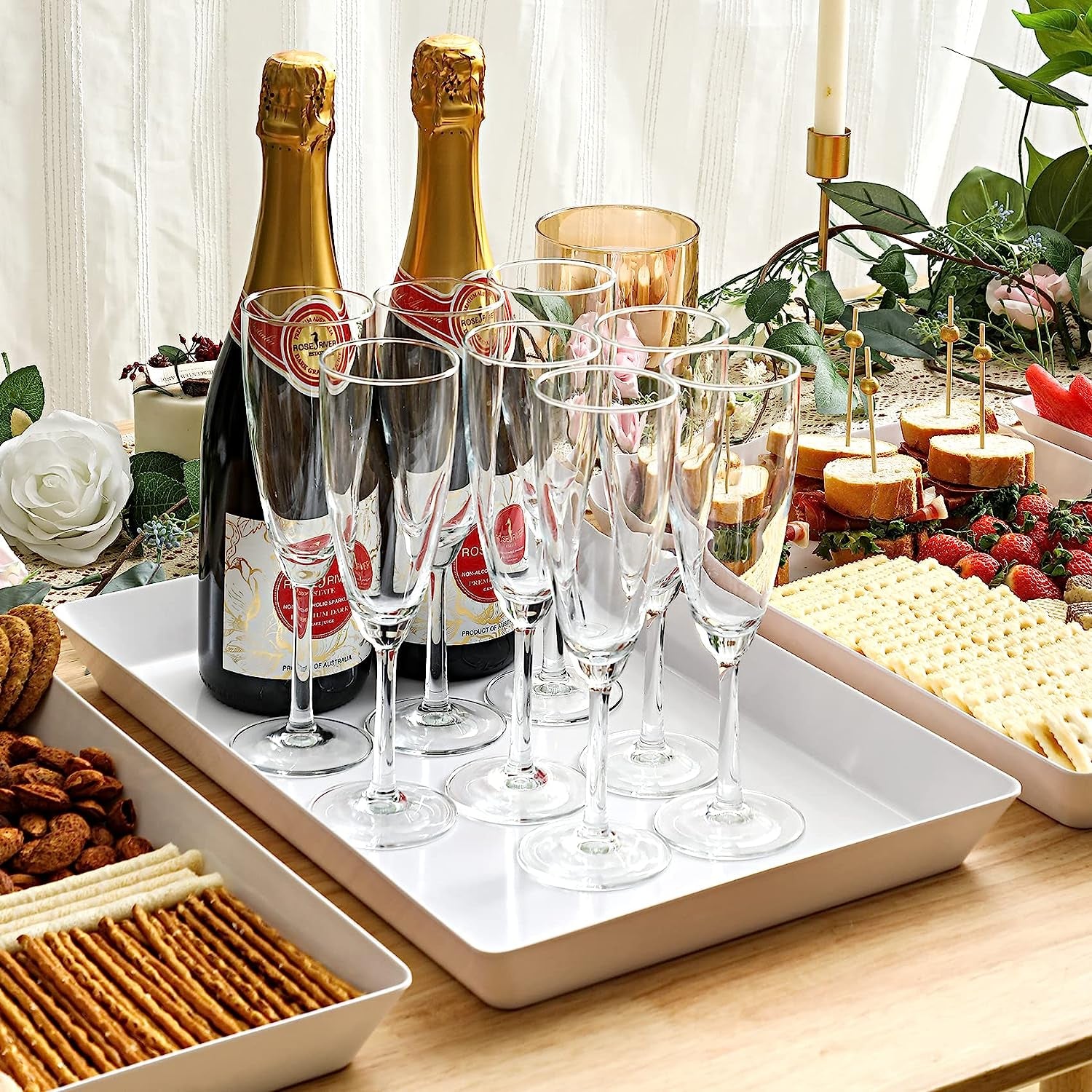 4-Pack 16" X 11" Large White Serving Trays Set - Reusable Plastic Serving Platters for Cookie, Appetizer, Charcuterie, Snack, Dessert, Party Food Display - Stackable Kitchen Countertop Tray, BPA Free