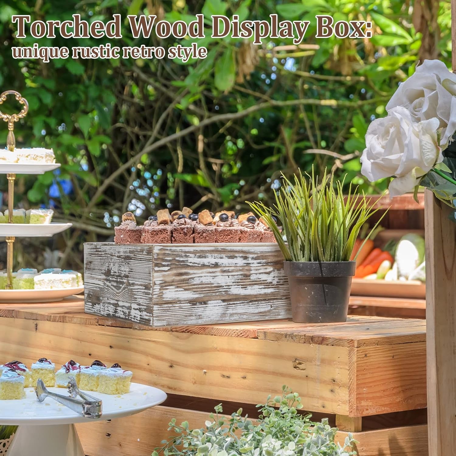 Set of 4 Wood Display Risers Rustic Cupcake Stand Wooden Stackable Display Box Wood Cake Stand for Dessert Wedding Birthday Baby Shower Party (Classic)