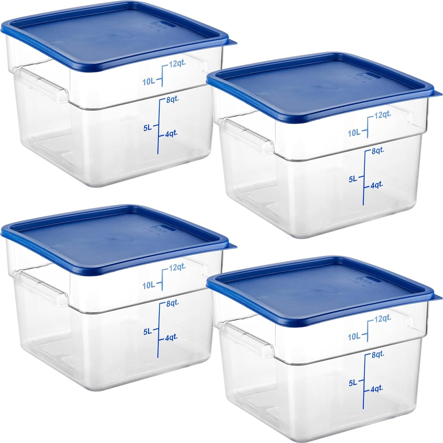 4 Pack Food Storage Containers with Blue Lids - NSF Listed Commercial Grade in 12.0 Qt - Square, Clear, Polycarbonate
