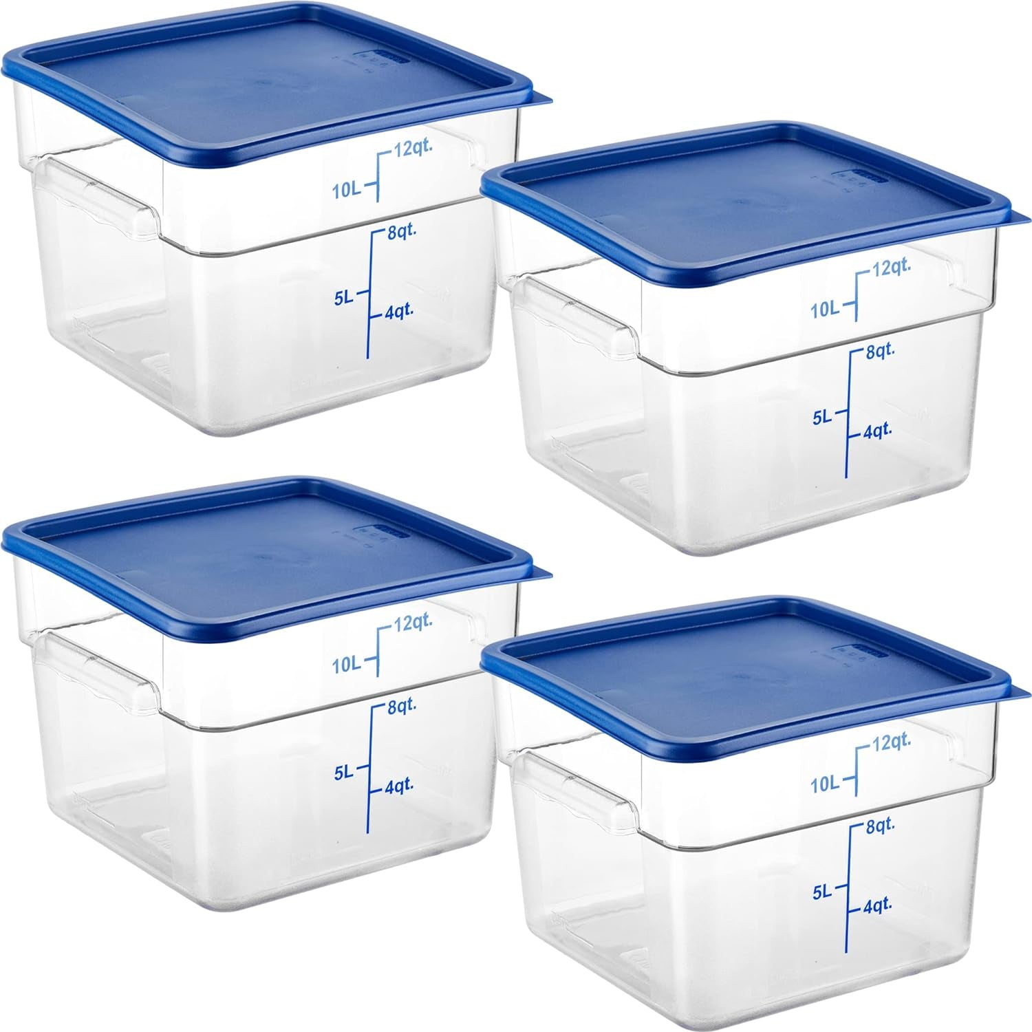 4 Pack Food Storage Containers with Blue Lids - NSF Listed Commercial Grade in 12.0 Qt - Square, Clear, Polycarbonate