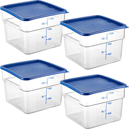 4 Pack Food Storage Containers with Blue Lids - NSF Listed Commercial Grade in 12.0 Qt - Square, Clear, Polycarbonate