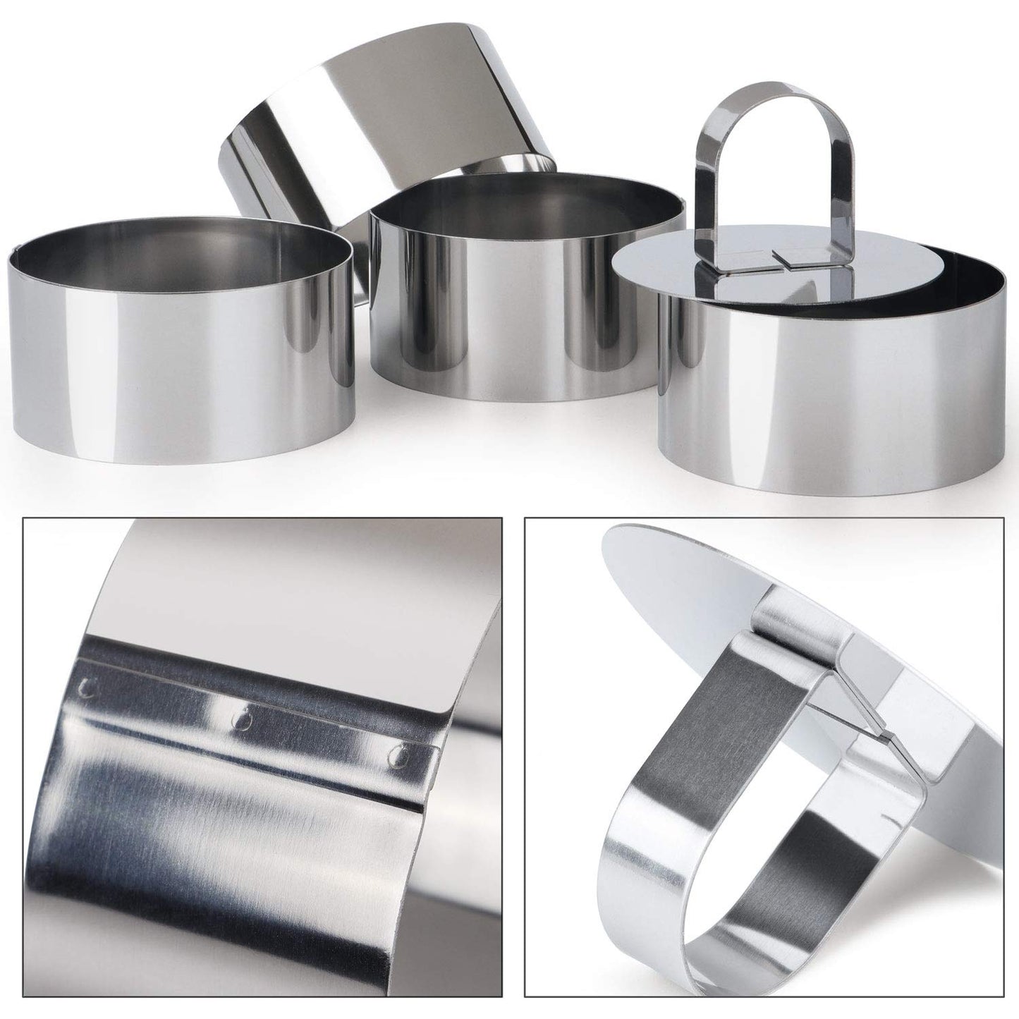 round Cake Ring Mold, Stainless Steel 3 Inch Dessert Mousse Molds with Pusher & Lifter Cooking Rings, Tuna Tartare Mold (Include 4 Rings and 1 Pusher)