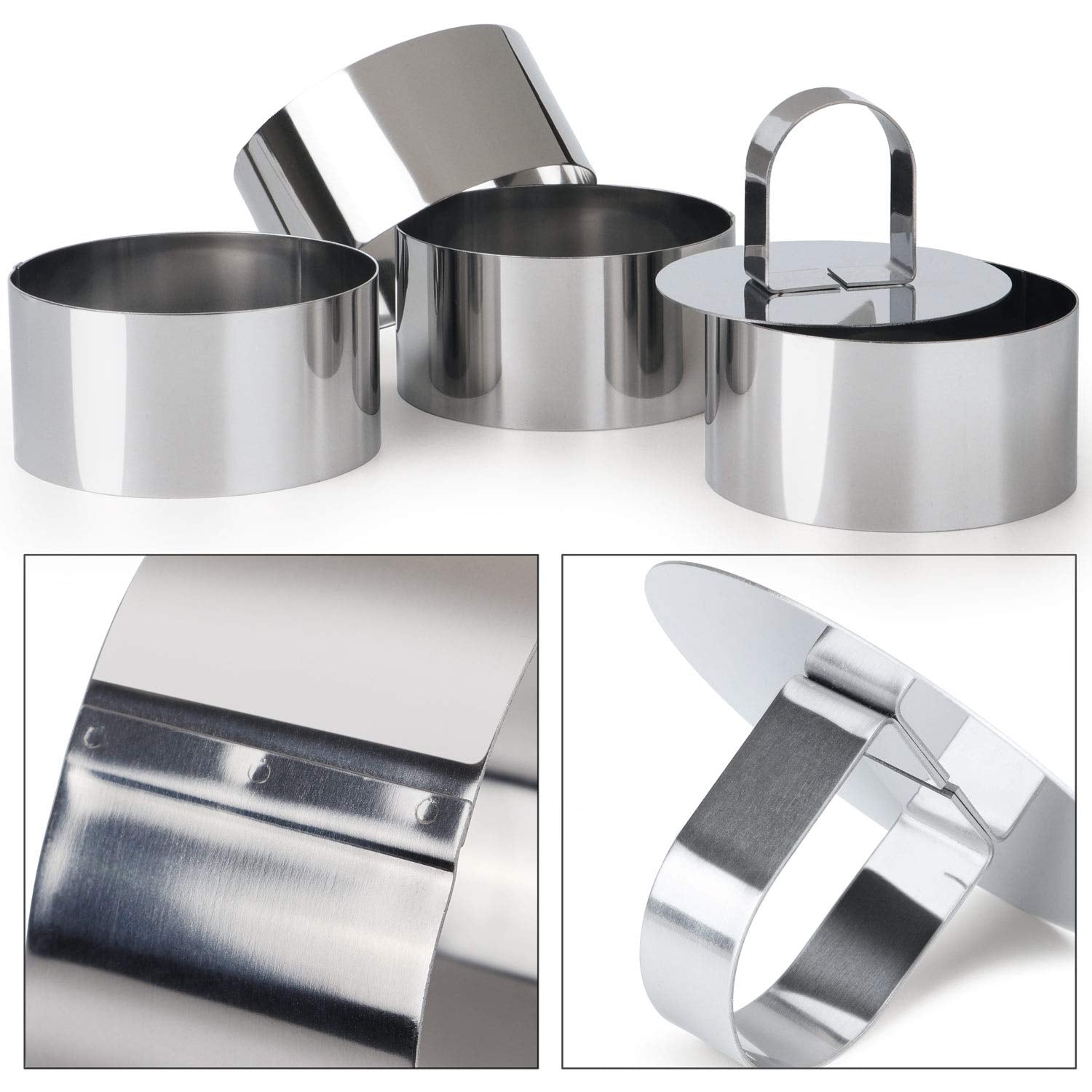 round Cake Ring Mold, Stainless Steel 3 Inch Dessert Mousse Molds with Pusher & Lifter Cooking Rings, Tuna Tartare Mold (Include 4 Rings and 1 Pusher)